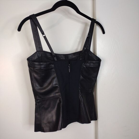 Bebe Genuine Leather Peplum Spaghetti Strap Biker Top Womens XS Black Soft - Picture 3 of 10